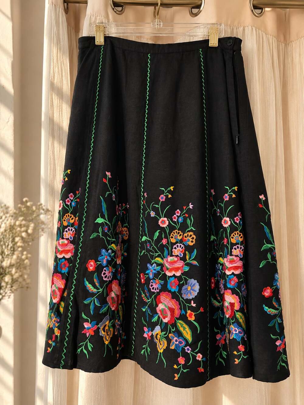 Linea By Louis Dell'Olio Floral Embroidered Black Linen Skirt Size 18W
